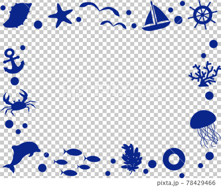 海の生き物や貝殻 船のイラストのシルエット フレーム 背景素材のイラスト素材