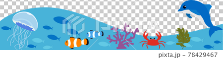 海の生き物や貝殻 船のイラスト フレーム 背景素材のイラスト素材