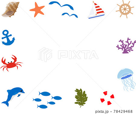 海の生き物や貝殻 船のイラスト フレーム 背景素材のイラスト素材