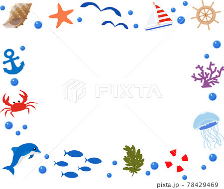 海の生き物や貝殻 船のイラスト フレーム 背景素材のイラスト素材
