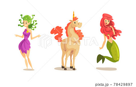 Ancient Mythical Creatures Set, Unicorn, Medusa Gorgon, Mermaid Cartoon Vector Illustration 78429897