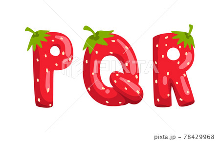 PQR Ripe Fresh Strawberry Alphabet Letters, Tasty Bright Jelly Red Berry Font Cartoon Vector Illustration 78429968