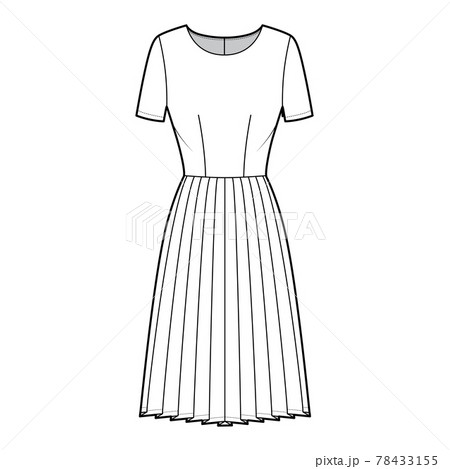 Dress pleated technical fashion illustration with short sleeves, fitted body, knee length skirt. Flat apparel front Dress pleated technical fashion illustration with short sleeves, fitted body, knee length skirt. Flat apparel front 78433155