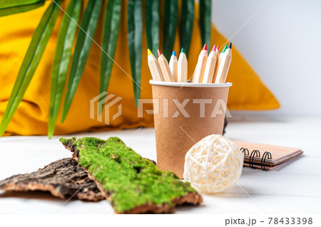 Craft paper coffee cup, pencils, green leaves sprout and recycled stationery. School Zero waste, eco friendly, natural organic plastic free concept. Earth, biodegradable with copy space 78433398