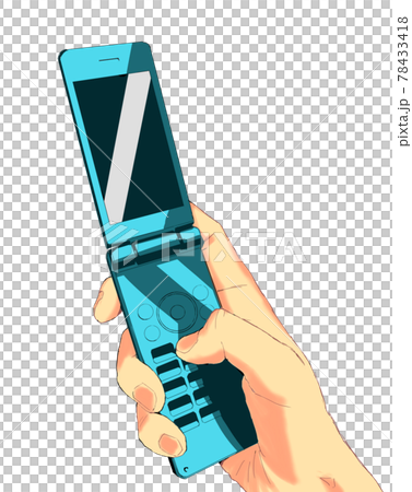 Colorful illustration of a realistic hand holding a feature phone 4 78433418