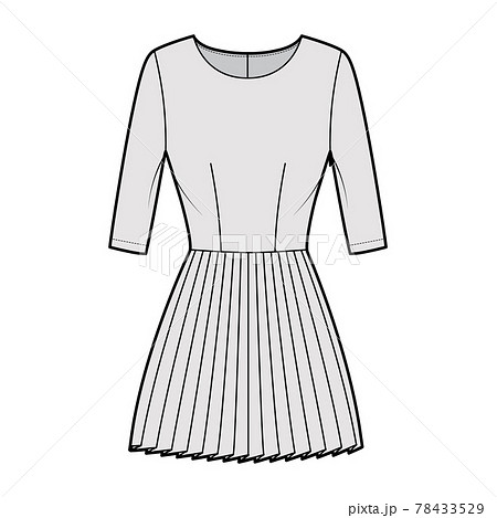 Dress pleated technical fashion illustration with elbow sleeves, fitted body, mini length skirt. Flat apparel front Dress pleated technical fashion illustration with elbow sleeves, fitted body, mini length skirt. Flat apparel front 78433529