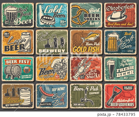Beer fest, pub and brewery, snacks tin signs set 78433795