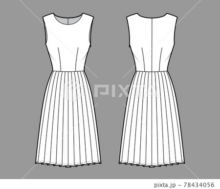 Dress pleated technical fashion illustration with sleeveless, fitted body, knee length skirt. Flat apparel front Dress pleated technical fashion illustration with sleeveless, fitted body, knee length skirt. Flat apparel front 78434056