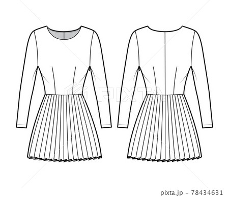 Dress pleated technical fashion illustration with long sleeves, fitted body, mini length skirt. Flat apparel front Dress pleated technical fashion illustration with long sleeves, fitted body, mini length skirt. Flat apparel front 78434631
