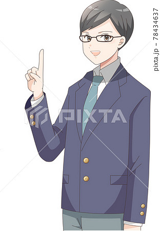指差しポーズ左向き 笑顔の男子学生 眼鏡 のイラスト素材