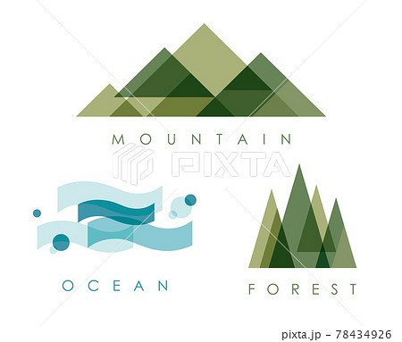 幾何学模様のような山と森と海シンボルのイラスト素材