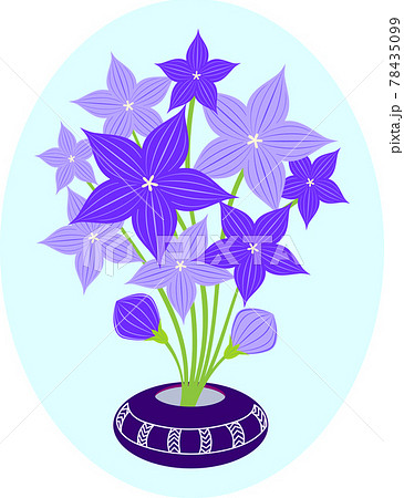 桔梗の花と丸い花瓶の水色の背景付きイラストアイコンのイラスト素材