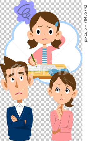 学校の授業についていけない娘を心配する両親の上半身イラストのイラスト素材
