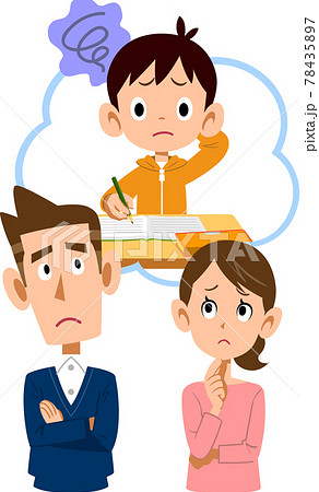 学校の授業についていけない息子を心配する両親の上半身イラストのイラスト素材