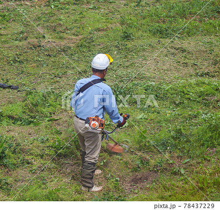 休耕田の草刈りをする作業員 78437229