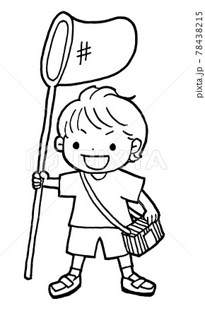 虫取りあみと虫かごを持った男の子のイラスト線画のイラスト素材