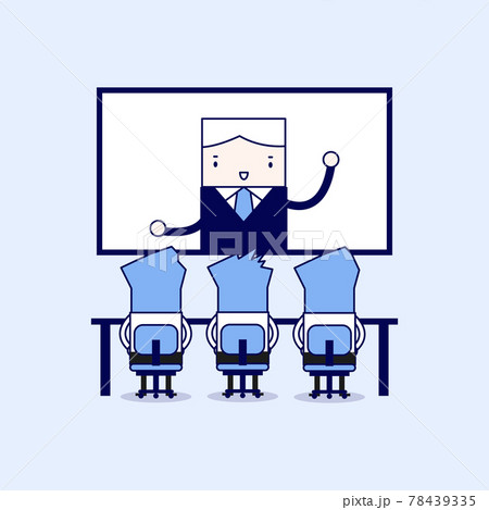 Businessmen sitting on chair, boss speaking from digital flat screen. Video conference. 78439335