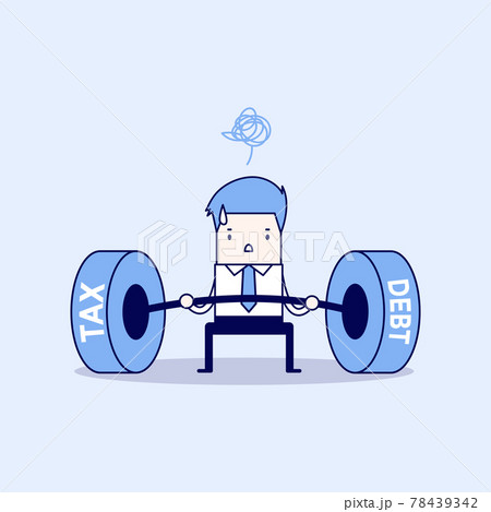 Businessman lifting tax and debt weights. Cartoon character thin line style vector. Businessman lifting tax and debt weights. Cartoon character thin line style vector. 78439342