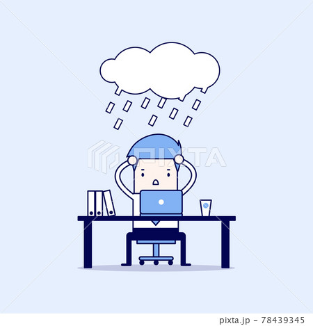 Businessman strain with rain cloud on his head. Cartoon character thin line style vector. Businessman strain with rain cloud on his head. Cartoon character thin line style vector. 78439345