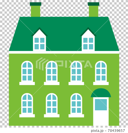 黄緑の外壁と緑の屋根のヨーロッパ風の1軒の家のイラスト素材