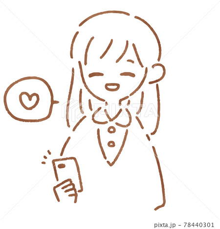スマホの通知に喜ぶシンプルな手描きの女性の線画イラストのイラスト