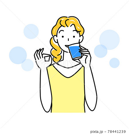 熱中症対策 Okポーズをしなから水分補給の為に水を飲んでいる可愛い女性 イラスト シンプル ベクターのイラスト素材