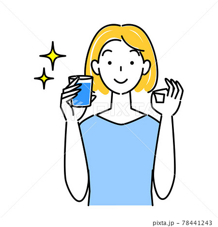 熱中症対策 Okポーズをしなから水分補給の為に水を飲んでいる可愛い女性 イラスト シンプル ベクターのイラスト素材