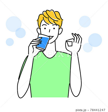 熱中症対策 Okポーズをしなから水分補給の為に水を飲んでいる可愛い男性 イラスト シンプル ベクターのイラスト素材