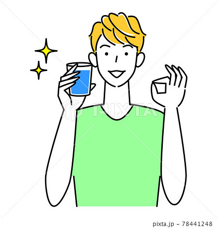 熱中症対策 Okポーズをしなから水分補給の為に水を飲んでいる可愛い男性 イラスト シンプル ベクターのイラスト素材