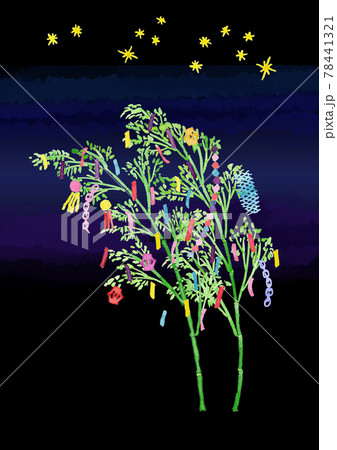 たなばたの笹飾りと短冊、星の水彩イラスト背景つき たなばたの笹飾りと短冊、星の水彩イラスト背景つき 78441321