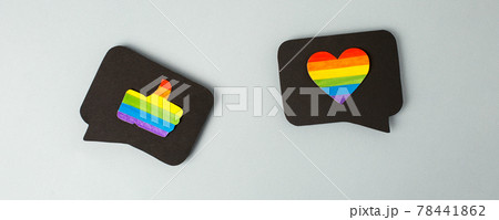 Happy Pride month banner for lgbt rights or social issues event. Colorful rainbow heart and thumb up in black social media interaction cloud, symbol for homosexual love, marriage, partnership sex Happy Pride month banner for lgbt rights or social issues event. Colorful rainbow heart and thumb up in black social media interaction cloud, symbol for homosexual love, marriage, partnership sex 78441862
