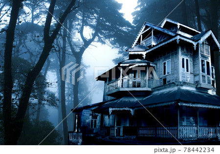Haunted house. Old abandoned house in the night forest Haunted house. Old abandoned house in the night forest 78442234