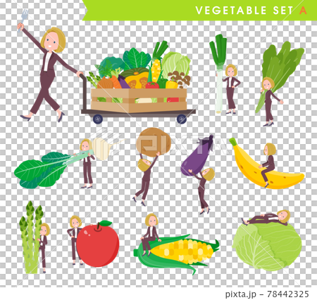 A set of vegetables and a blonde business woman. A type A set of vegetables and a blonde business woman. A type 78442325