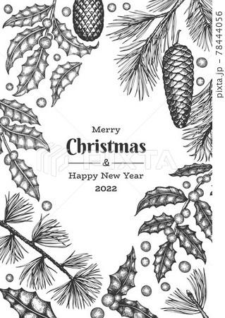 Christmas hand drawn vector greeting card design template. Vintage style botanical illustration. Winter plants xmas banner. Christmas hand drawn vector greeting card design template. Vintage style botanical illustration. Winter plants xmas banner. 78444056