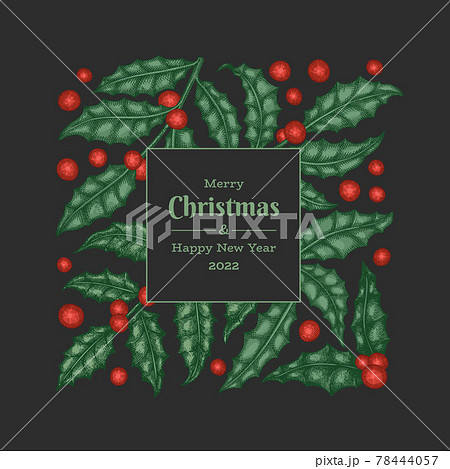 Christmas hand drawn vector greeting card design template. Vintage style botanical illustration. Winter plants xmas banner. 78444057