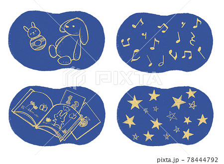 ネントレをイメージしたイラスト素材（絵本、音符、星、ぬいぐるみ） 78444792