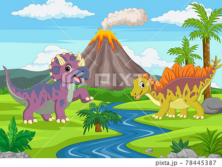 Cartoon Funny Dinosaurs In The Jungleのイラスト素材