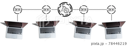 Several laptops are connected to one farm for mining cryptocurrency 78446219