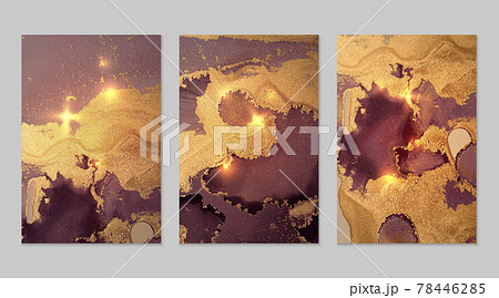 Set of marble patterns. Burgundy, mauve and gold geode textures with glitter 78446285