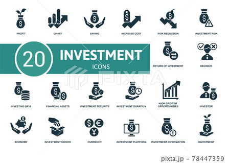 Investment icon set. Contains editable icons investment theme such as chart, increase cost, investment risk and more. 78447359