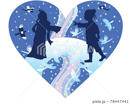 七夕 カササギ橋と2人のシルエット青ハート背景のイラスト素材