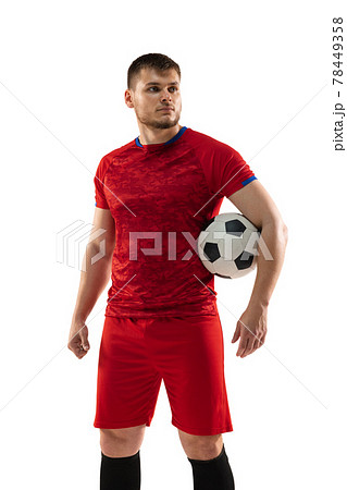 Professional caucasian football soccer player standing isolated on white studio background. 78449358