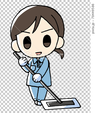 働く女性 モップかける清掃員のイラスト素材
