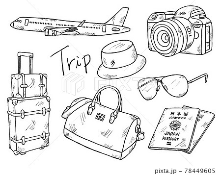 旅や海外旅行の白黒手書きイラストイメージのイラスト素材