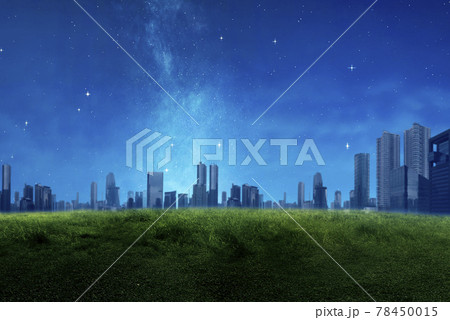 Skyscrapers and modern buildings with green meadow fields Skyscrapers and modern buildings with green meadow fields 78450015