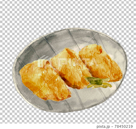 Watercolor illustration: 3 inari-zushi on a plate with pickles Food lunch white background PNG 78450219