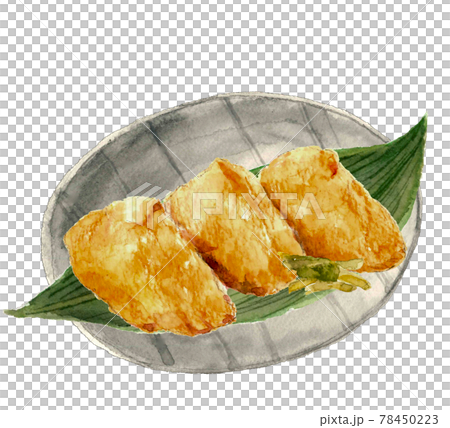 Watercolor illustration: 3 inari-zushi on a plate with bamboo pickles Food lunch white background PNG 78450223