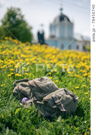 Camping Fabric Khaki Color Backpack in Kolomna on Dandelions Field 78450740
