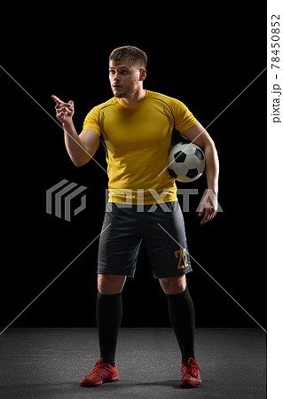 The male unhappy soccer or football player arguing with a judge. The professional soccer football and human emotions concept. 78450852