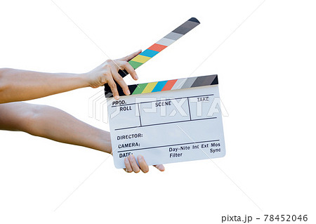 Hand holding film slate colors board for movie cinema and television on white background 78452046